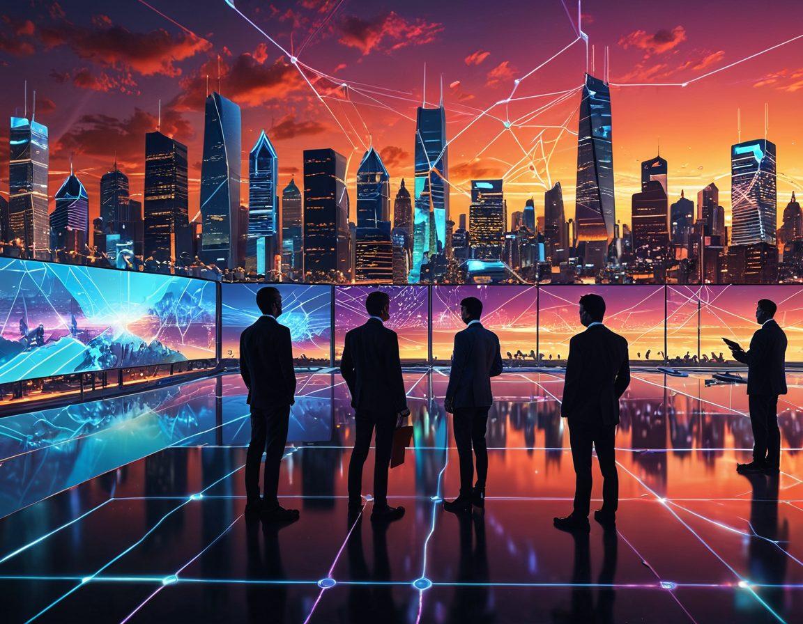 A futuristic digital landscape showcasing interconnected nodes and virtual solutions, with glowing lines representing data flow. Include diverse individuals using various devices in a seamless network, surrounded by holographic displays illustrating advanced technology concepts. The background features a modern city skyline with vibrant sunsets, symbolizing progress and connectivity. super-realistic. vibrant colors. 3D.