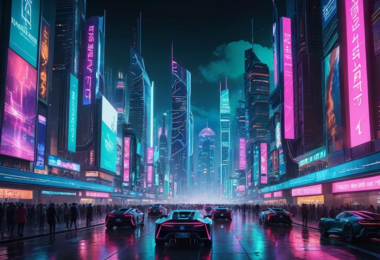 A futuristic city skyline illuminated with neon lights, showcasing advanced technology like flying cars and digital billboards. Incorporate diverse people interacting with holographic displays and smart devices, symbolizing innovation in IT. Use a dynamic color palette to evoke excitement and modernity. cyberpunk. vibrant colors. 3D.