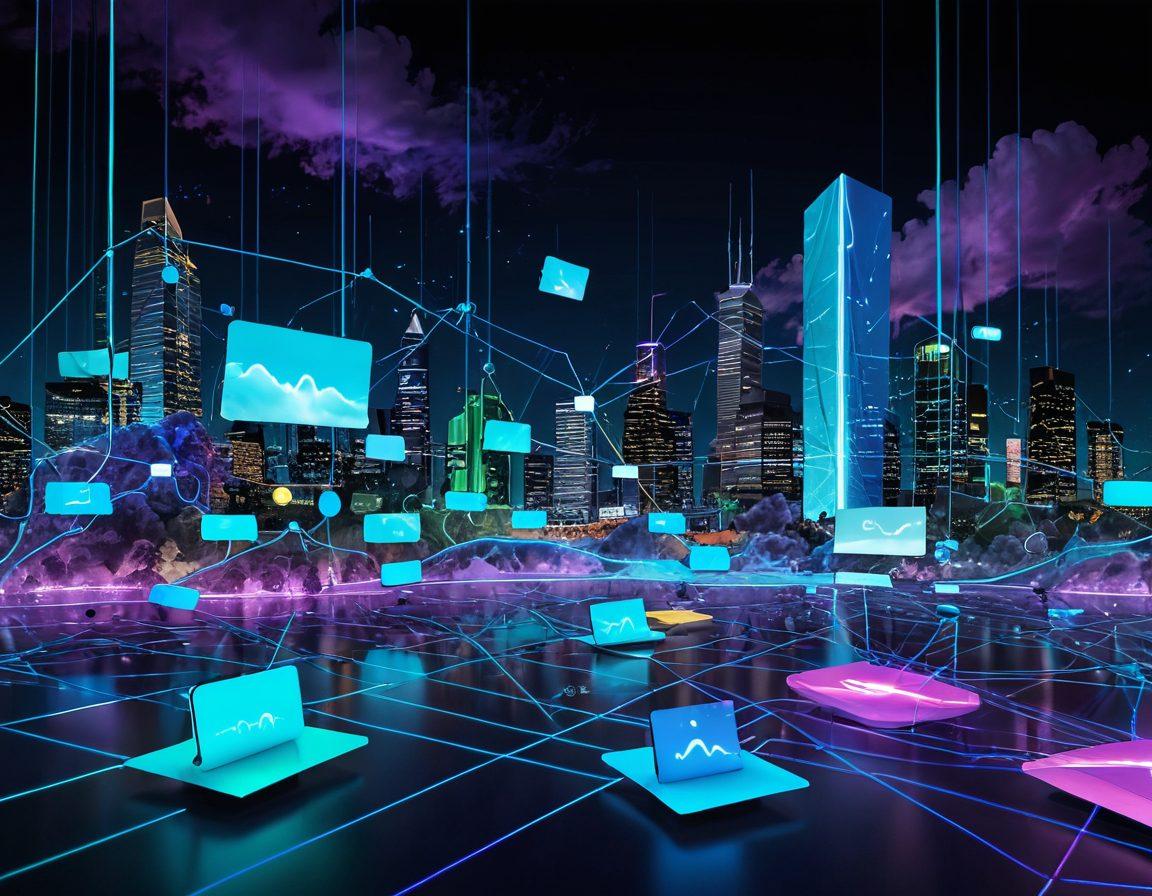 A futuristic digital landscape showcasing a network of interconnected devices, holographic connections, and diverse people collaborating through technology. Incorporate vibrant colors to symbolize innovation and connectivity. Include abstract representations of digital solutions like cloud storage and data streams. The background should evoke a sense of limitless possibilities in a connected world. ultra-modern. vibrant colors. 3D.